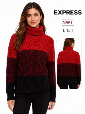 Express NWT Red Black Ombré Cable Knit Turtleneck Sweater Large Tall